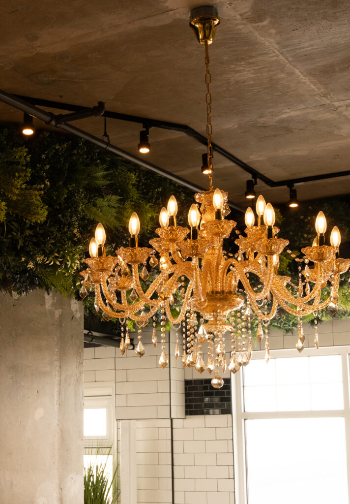 a chandelier hanging from the ceiling of a bathroom
