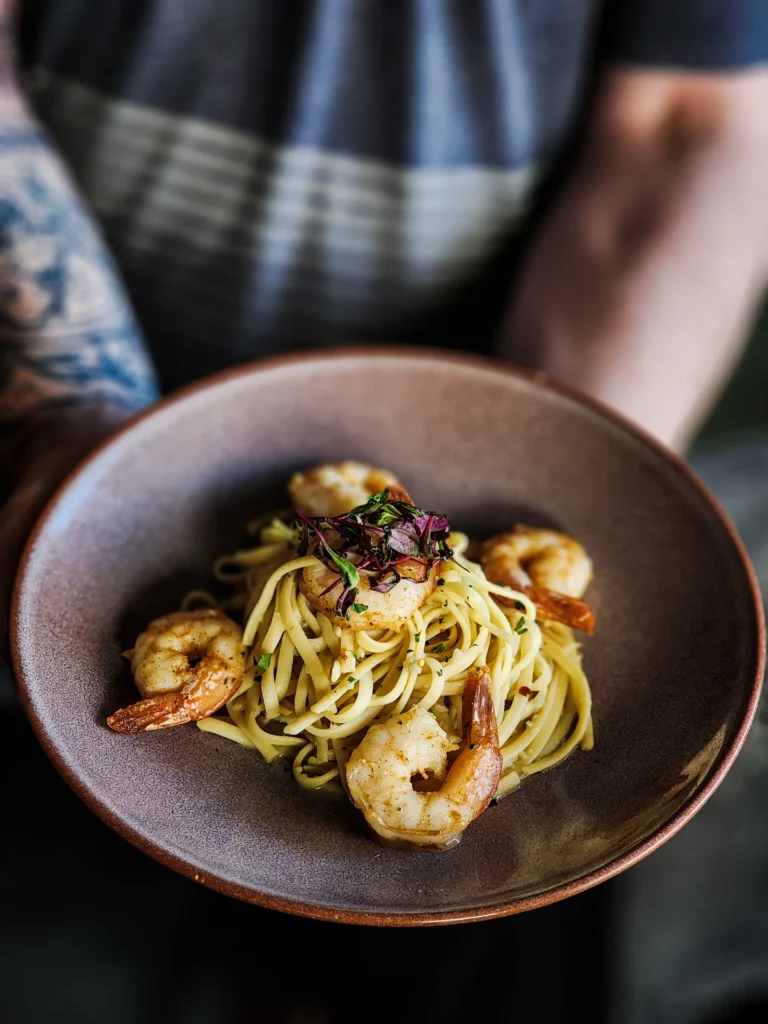 A person holding a dark ceramic bowl filled with linguine pasta tossed with sauteed shrimp, garnished with herbs and red microgreens.