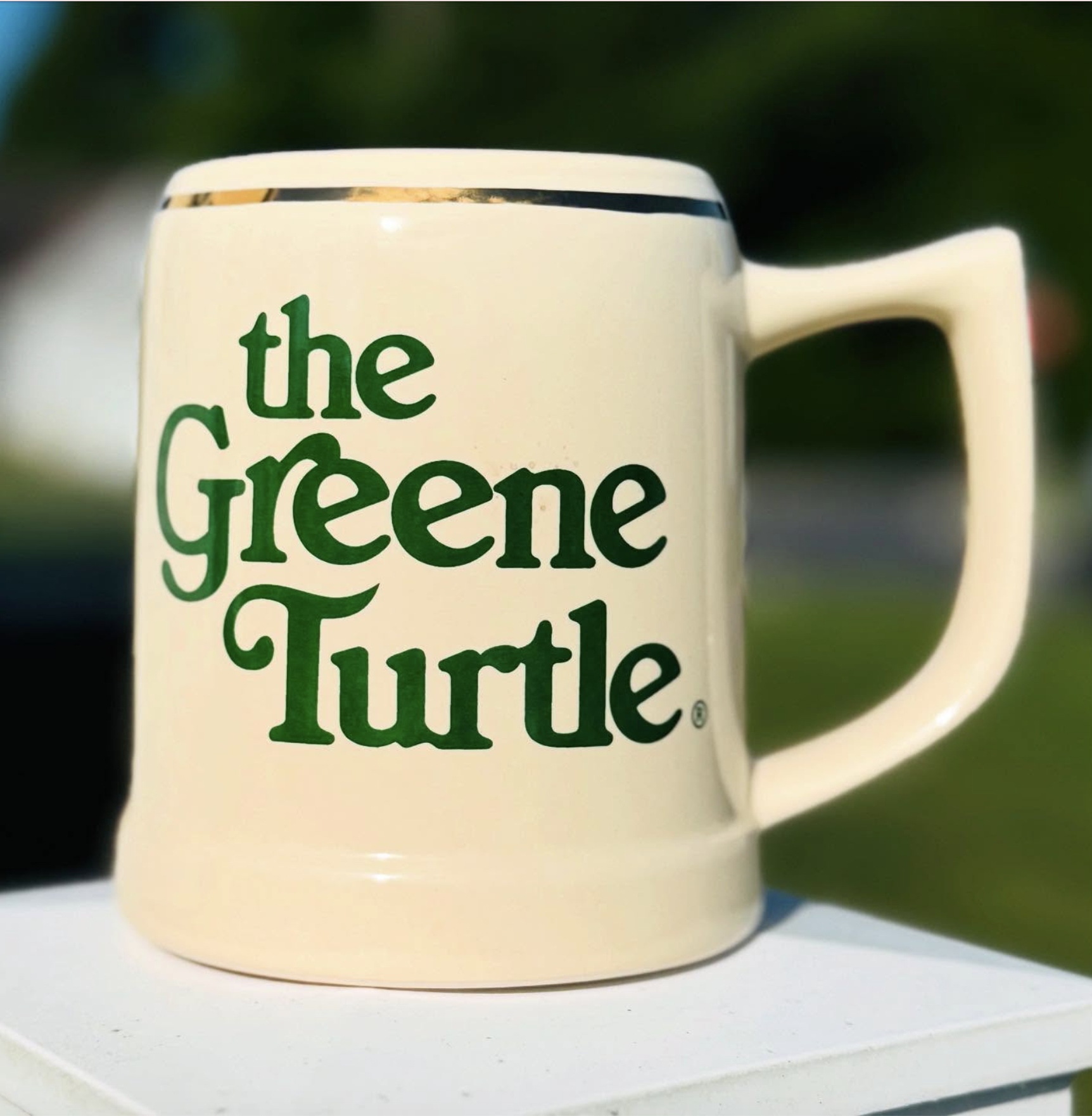 A cream-colored ceramic beer mug with a gold rim band featuring green text that reads "the Greene Turtle." The mug sits on a white surface against a softly blurred outdoors background.